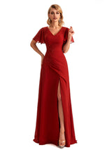 Elegant Chiffon Short Sleeves Side Slit Lace Long Mother of The Brides Dresses