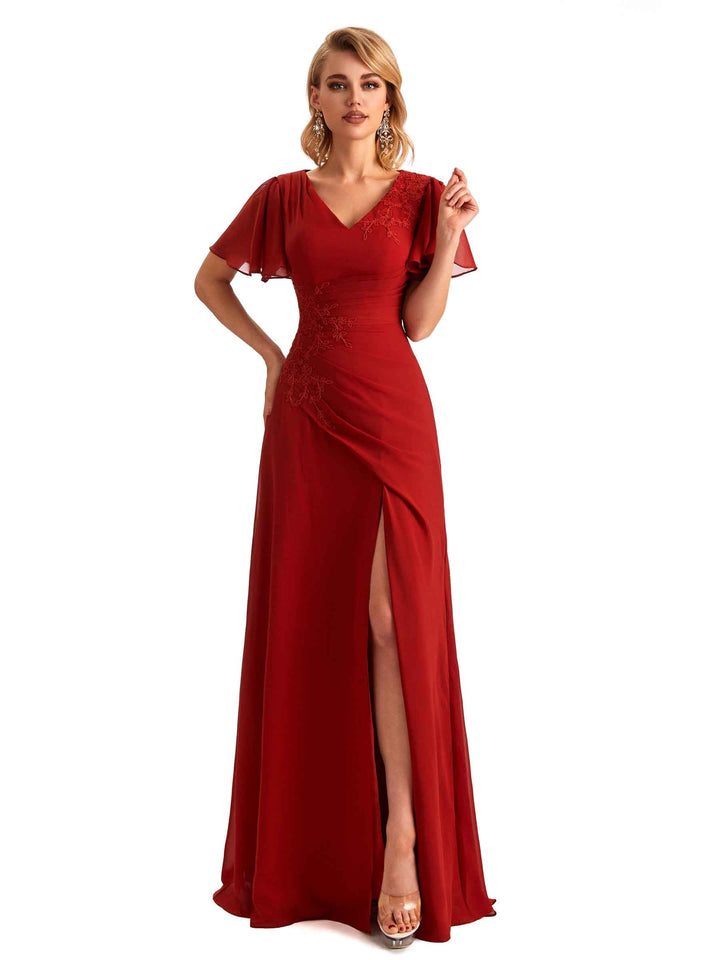 Elegant Chiffon Short Sleeves Side Slit Lace Long Mother of The Brides Dresses
