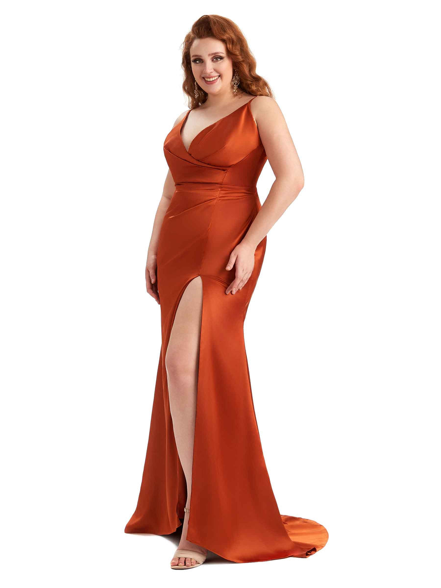 Plus Size Sexy Side Slit Spaghetti Straps Mermaid Soft Satin Bridesmaid Dresses For Wedding