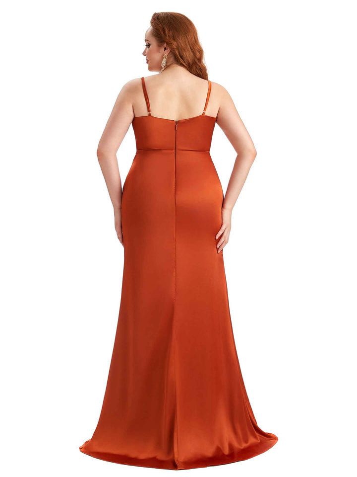 Plus Size Sexy Side Slit Spaghetti Straps Mermaid Soft Satin Bridesmaid Dresses For Wedding