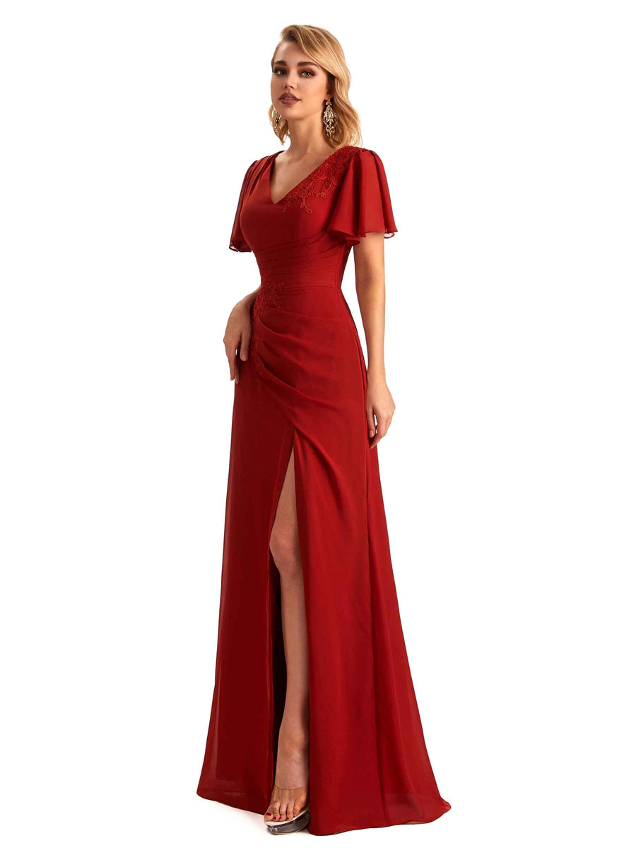 Elegant Chiffon Short Sleeves Side Slit Lace Long Mother of The Brides Dresses