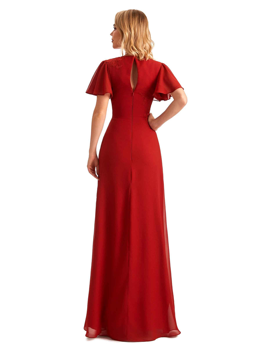 Elegant Chiffon Short Sleeves Side Slit Lace Long Mother of The Brides Dresses