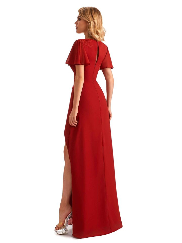 Elegant Chiffon Short Sleeves Side Slit Lace Long Mother of The Brides Dresses