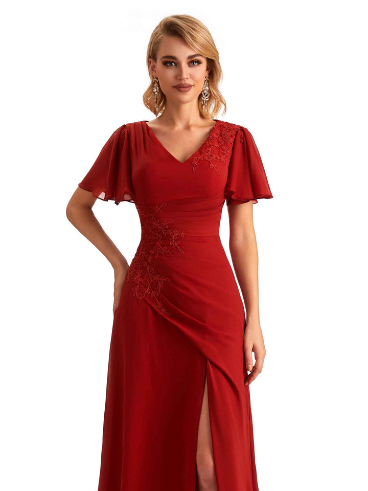 Elegant Chiffon Short Sleeves Side Slit Lace Long Mother of The Brides Dresses