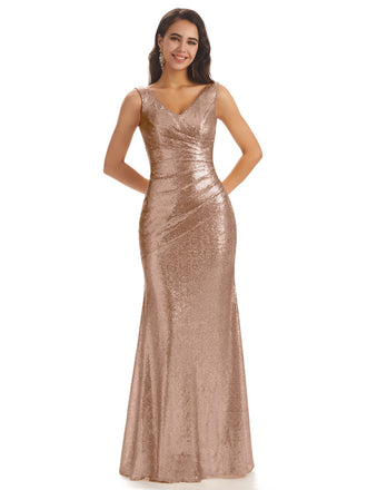 Sexy Sequin V-neck Sparkly Cheap Mermaid Bridesmaid Dresses Online