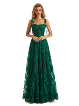 Green Lace A-line Spaghetti Strap Long Formal Prom Dresses