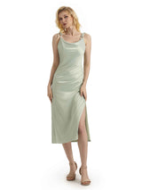 Sexy Soft Satin Side Slit Spaghetti Straps Short Midi Wedding Guest Dress