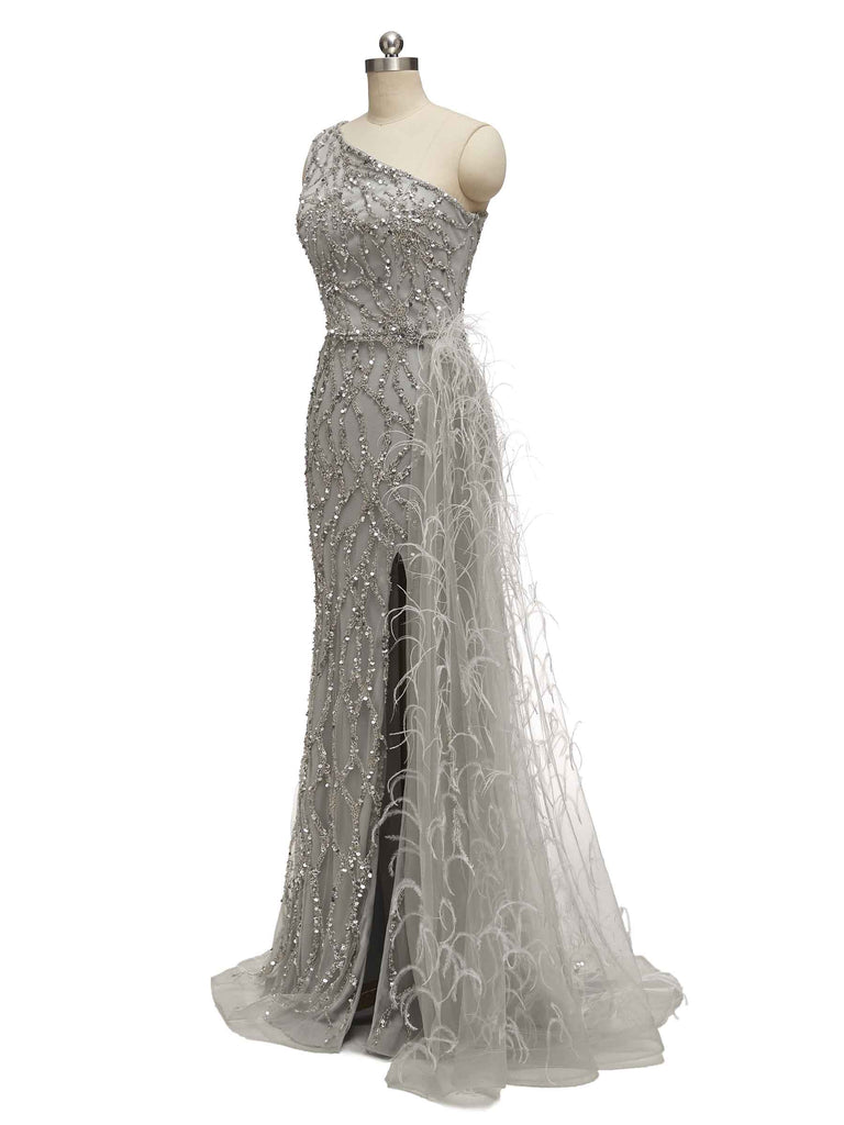 Grey Mermaid One Shoulder Side Slit Floor-length Long Formal Prom Dresses
