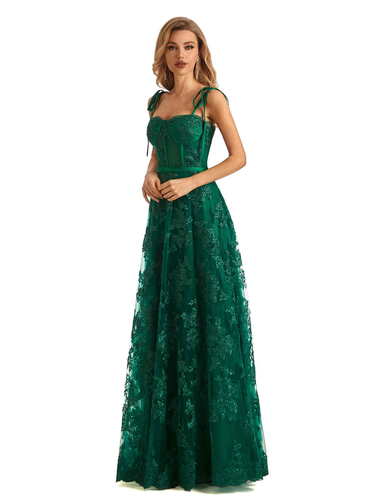 Green Lace A-line Spaghetti Strap Long Formal Prom Dresses