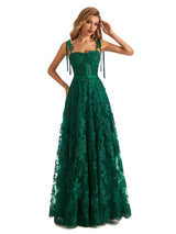 Green Lace A-line Spaghetti Strap Long Formal Prom Dresses