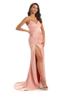 Sexy Spaghetti Straps Mermaid Soft Satin Maxi Formal Prom Dresses With Slit Sale