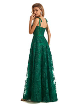 Green Lace A-line Spaghetti Strap Long Formal Prom Dresses
