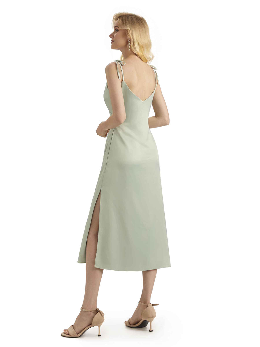 Sexy Soft Satin Side Slit Spaghetti Straps Short Midi Wedding Guest Dress