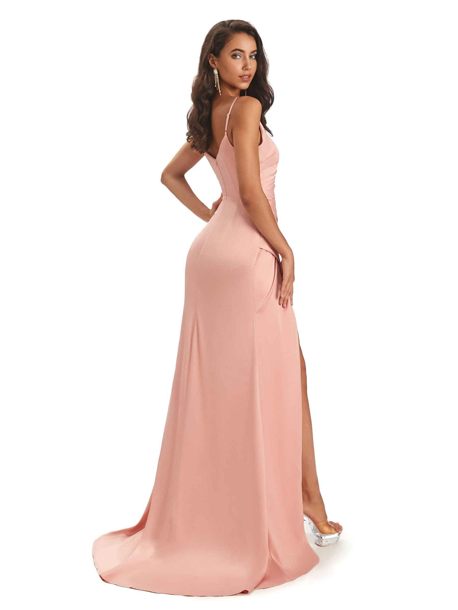 Sexy Spaghetti Straps Mermaid Soft Satin Prom Dresses With Slit Online