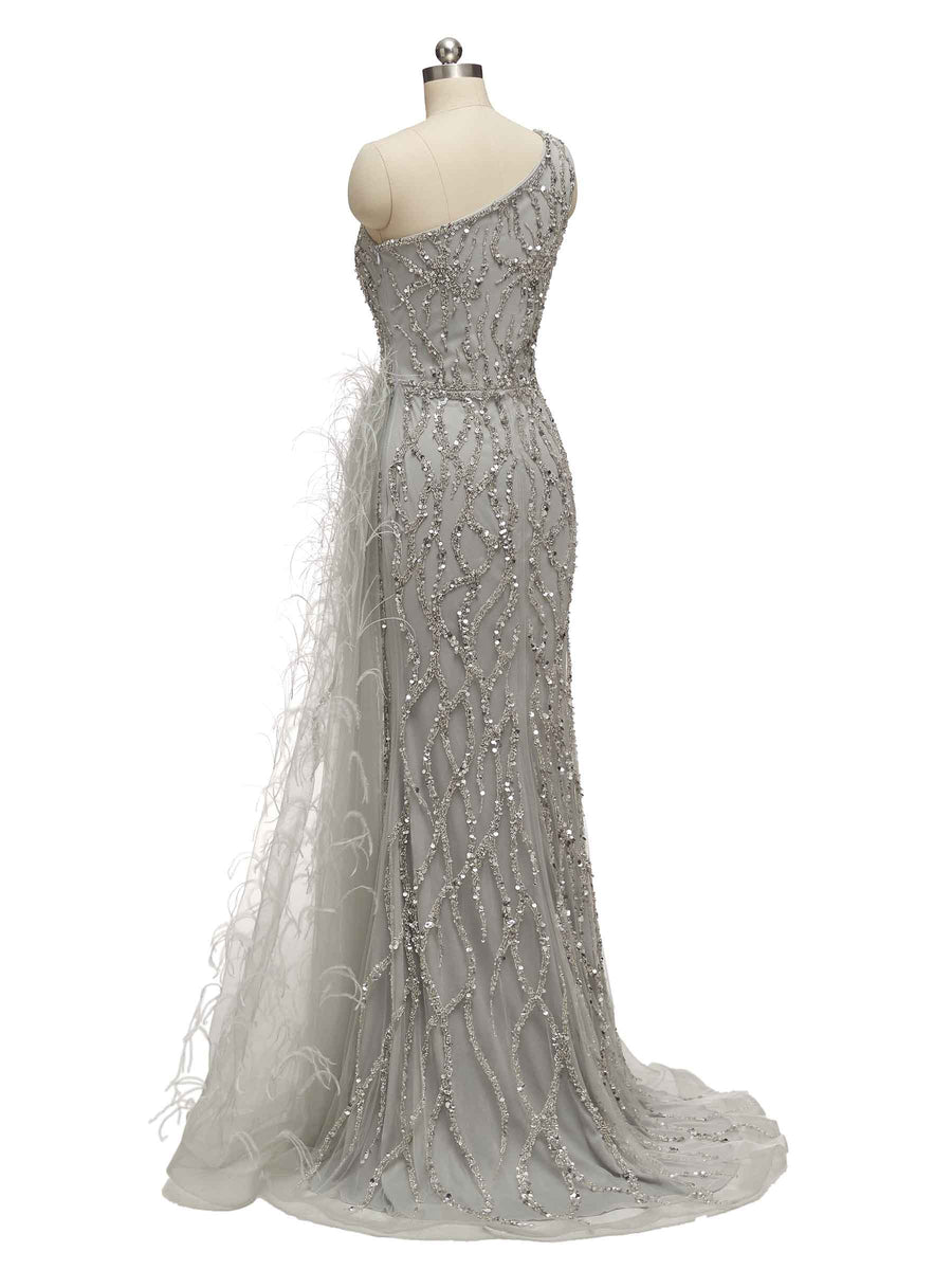 Grey Mermaid One Shoulder Side Slit Floor-length Long Formal Prom Dresses