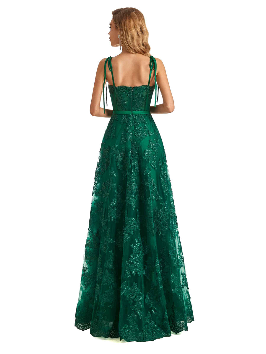 Green Lace A-line Spaghetti Strap Long Formal Prom Dresses