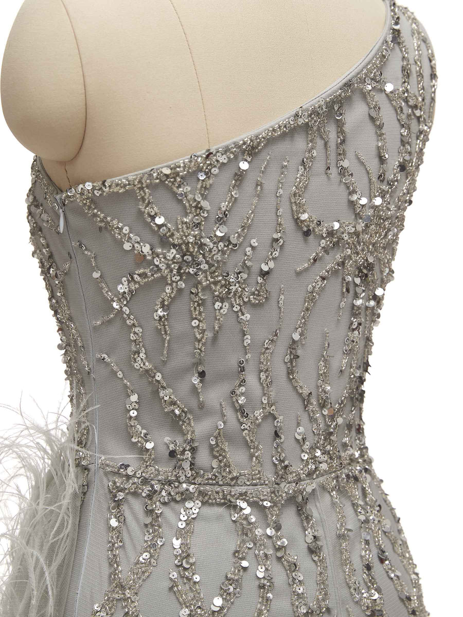 Grey Mermaid One Shoulder Side Slit Floor-length Long Formal Prom Dresses