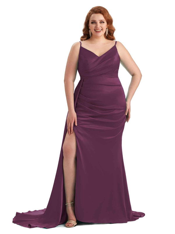 Sexy Side Slit Mermaid Spaghetti Straps Soft Satin Long Plus Size Maid