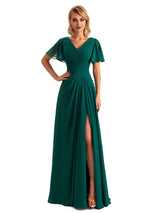 Elegant Chiffon Short Sleeves A-Line Side Slit Pleats Long Mother of the Brides Dresses