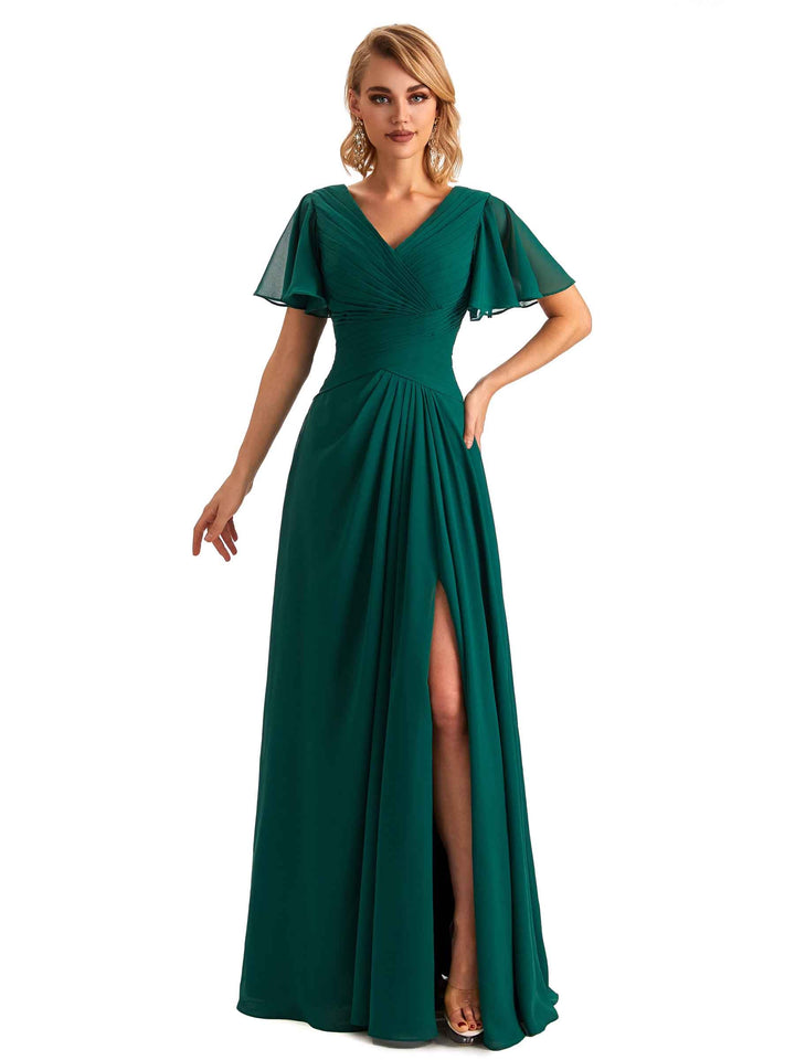 Elegant Chiffon Short Sleeves A-Line Side Slit Pleats Long Mother of the Brides Dresses