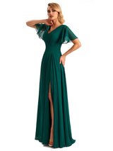 Elegant Chiffon Short Sleeves A-Line Side Slit Pleats Long Mother of the Brides Dresses