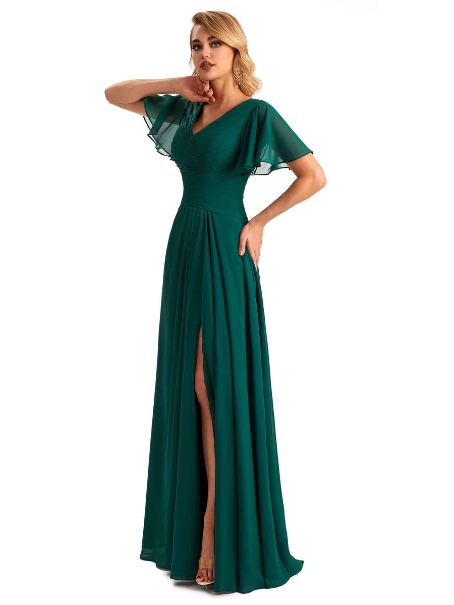 Elegant Chiffon Short Sleeves A-Line Side Slit Pleats Long Mother of the Brides Dresses
