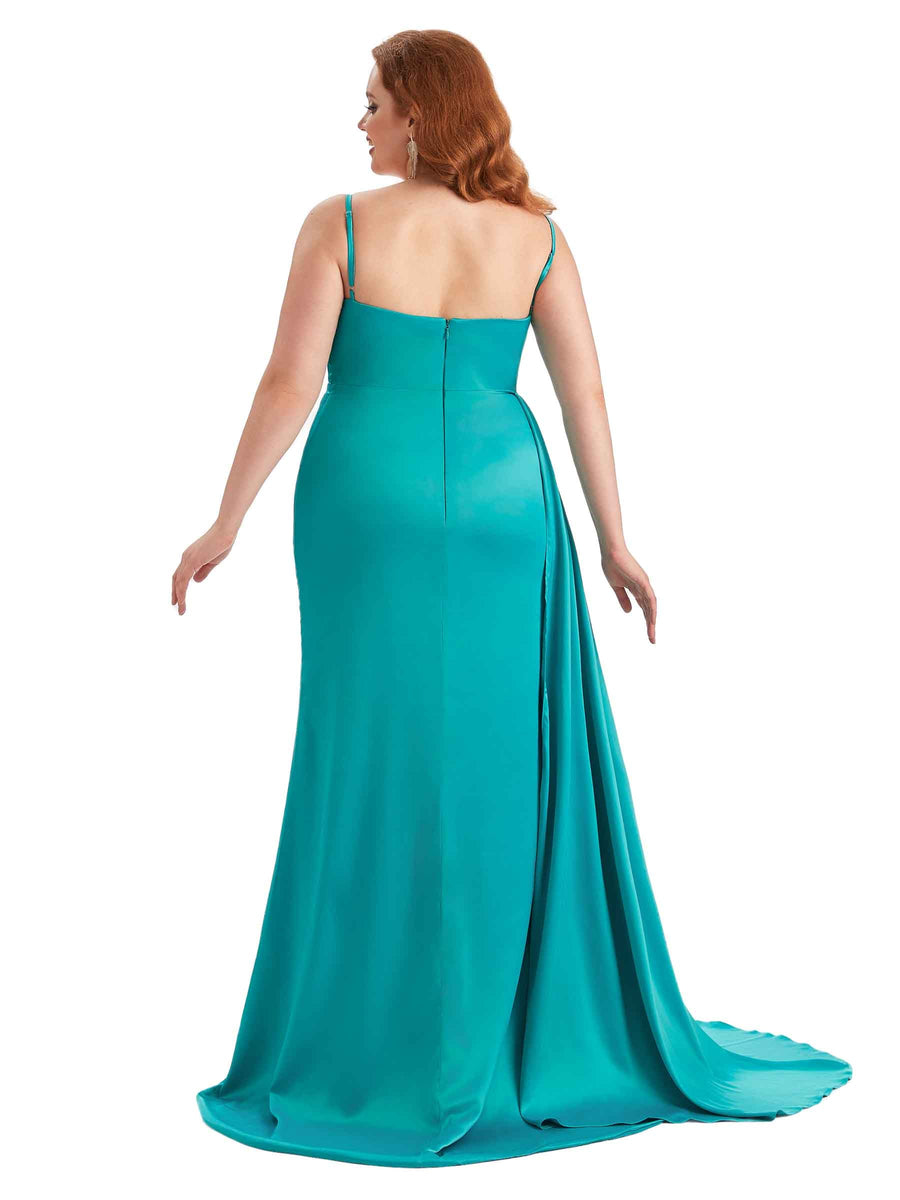Plus Size Sexy Side Slit Mermaid Spaghetti Straps Soft Satin Long Maid of Honor Dresses