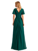 Elegant Chiffon Short Sleeves A-Line Side Slit Pleats Long Mother of the Brides Dresses