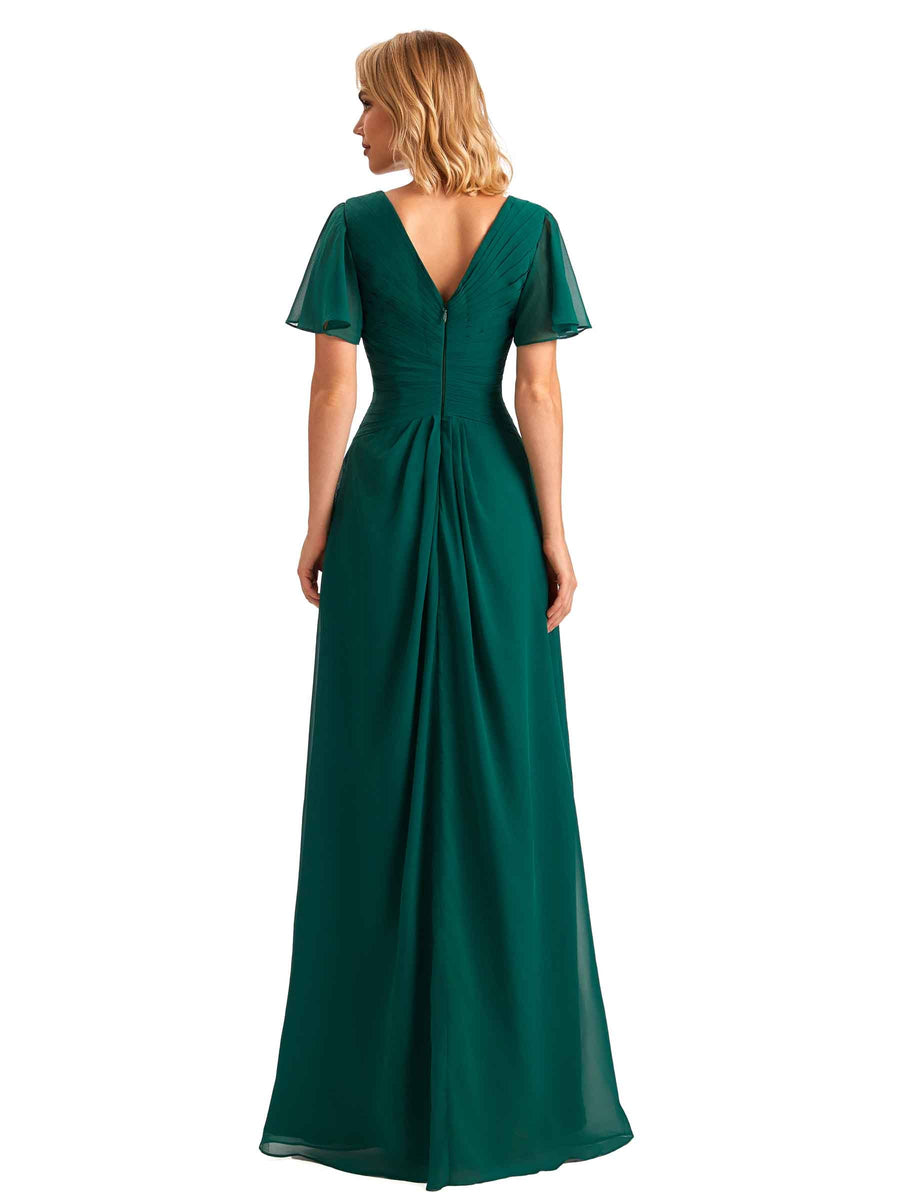 Elegant Chiffon Short Sleeves A-Line Side Slit Pleats Long Mother of the Brides Dresses