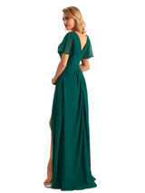 Elegant Chiffon Short Sleeves A-Line Side Slit Pleats Long Mother of the Brides Dresses