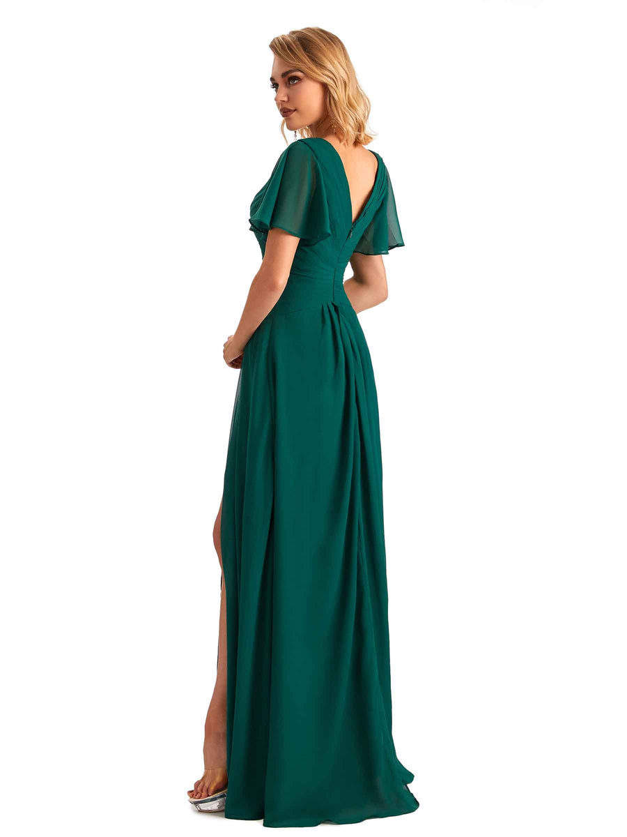 Elegant Chiffon Short Sleeves A-Line Side Slit Pleats Long Mother of the Brides Dresses