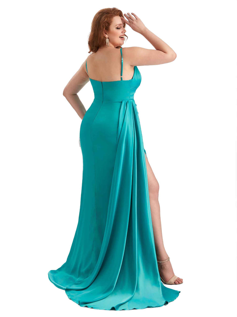 Sexy Side Slit Mermaid Spaghetti Straps Soft Satin Long Plus Size Maid of Honor Dresses