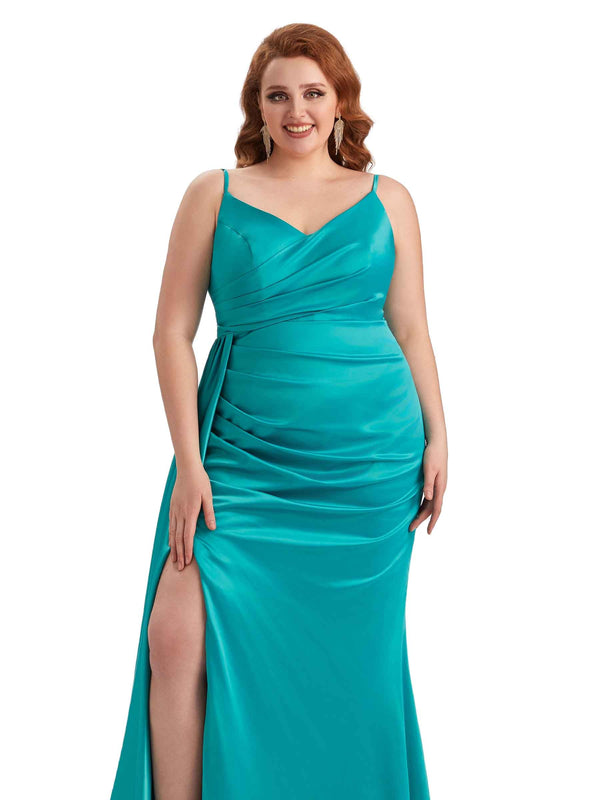 Sexy Side Slit Mermaid Spaghetti Straps Soft Satin Long Plus Size Maid