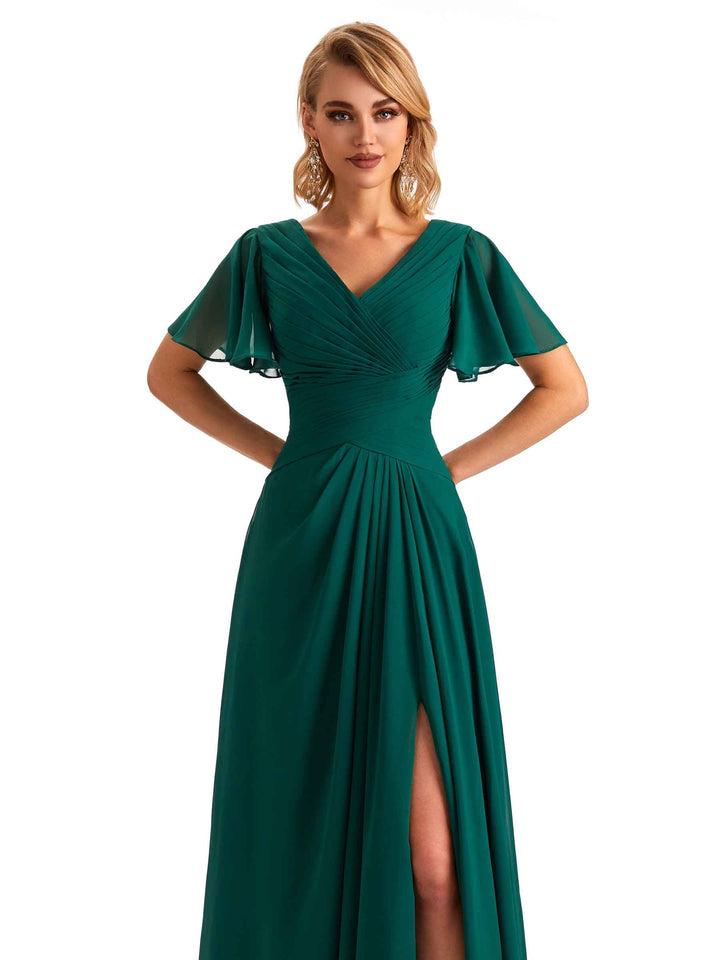 Elegant Chiffon Short Sleeves A-Line Side Slit Pleats Long Mother of the Brides Dresses