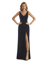Sexy Side Slit Mermaid V-Neck Velvet Formal Winter Wedding Guest dresses