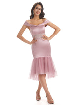 Sexy Soft Satin Off Shoulder High Low Short Mermaid Wedding Clothes for Women