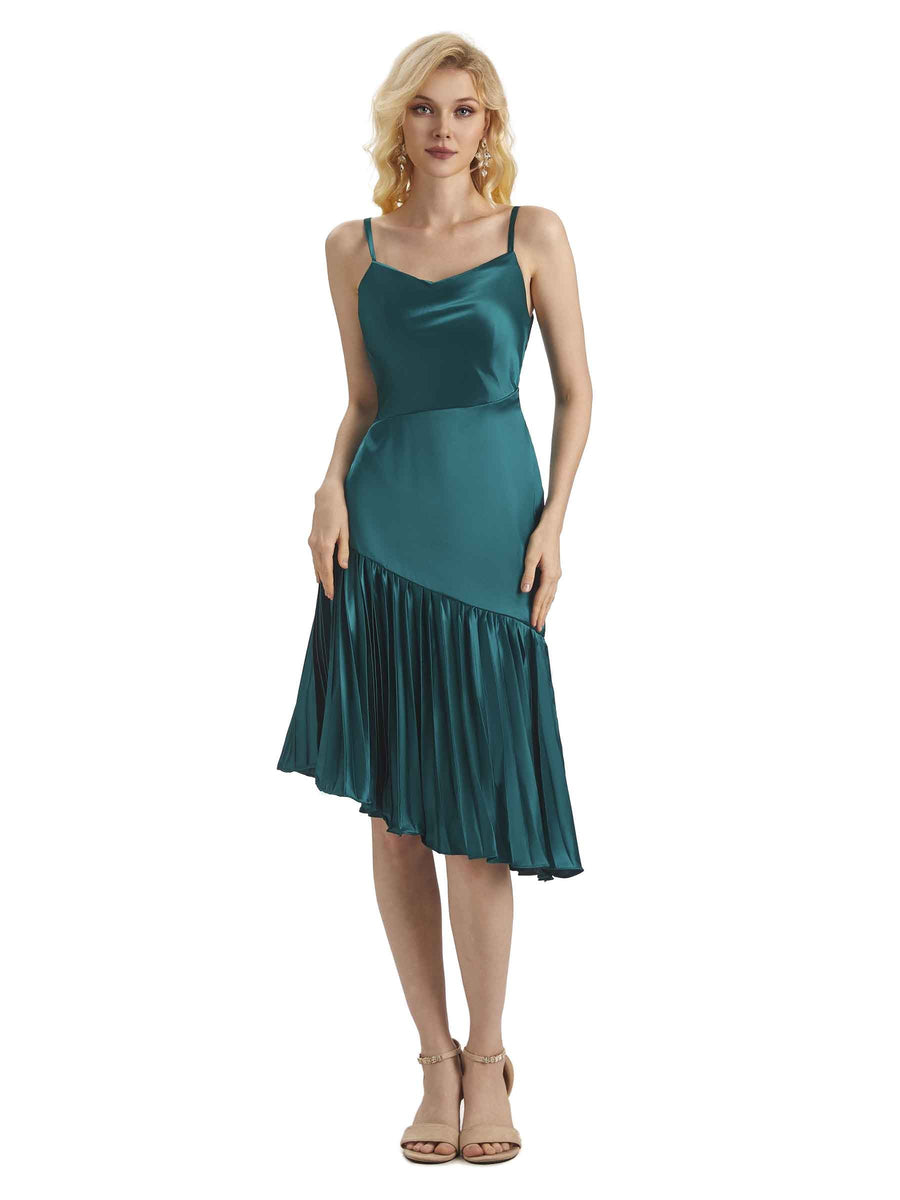 Unique Soft Satin Spaghetti Straps Short Midi Asymmetrical Prom Dresses Online