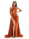 Sexy Unique Satin Halter Long Mermaid Formal Prom Dresses With Slit On Sale