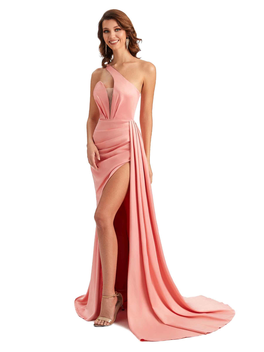 Sexy One Shoulder Soft Satin Side Slit Long Mermaid Wedding Party Dresses