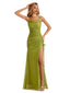 Sexy Side Slit Sequin Tulle Spaghetti Strap Olive Green Long Party Prom Dresses