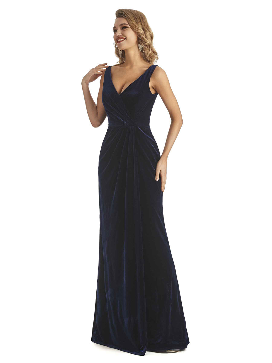 Sexy Side Slit Spaghetti Straps V-Neck Velvet Long Bridesmaid Dresses Online