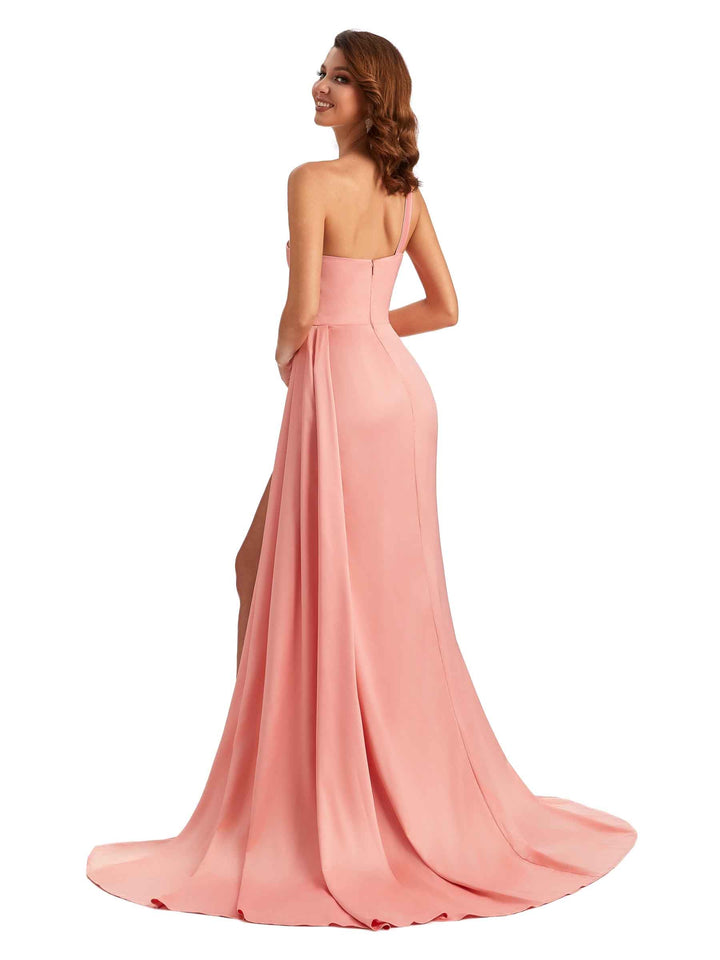 Sexy One Shoulder Soft Satin Side Slit Long Mermaid Wedding Party Dresses