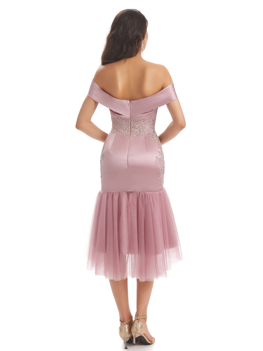 Sexy Soft Satin Off Shoulder High Low Mermaid Midi Short Prom Dresses