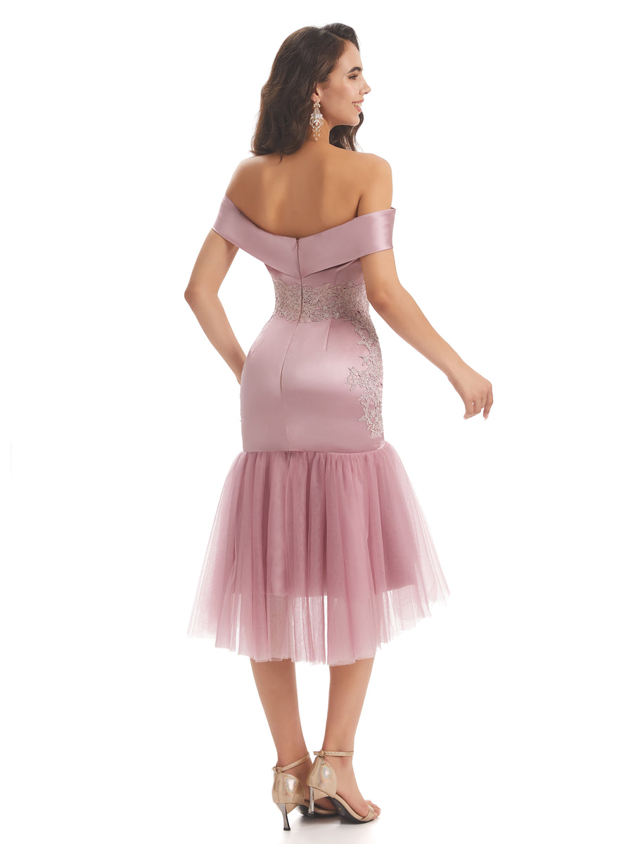 Sexy Soft Satin Off The Shoulder High Low Midi Short Mermaid Bridesmaid Dresses
