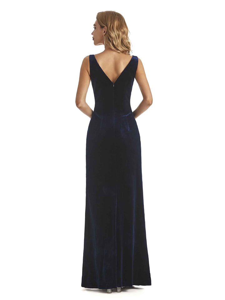 Sexy Side Slit Mermaid V-Neck Velvet Formal Winter Wedding Guest dresses