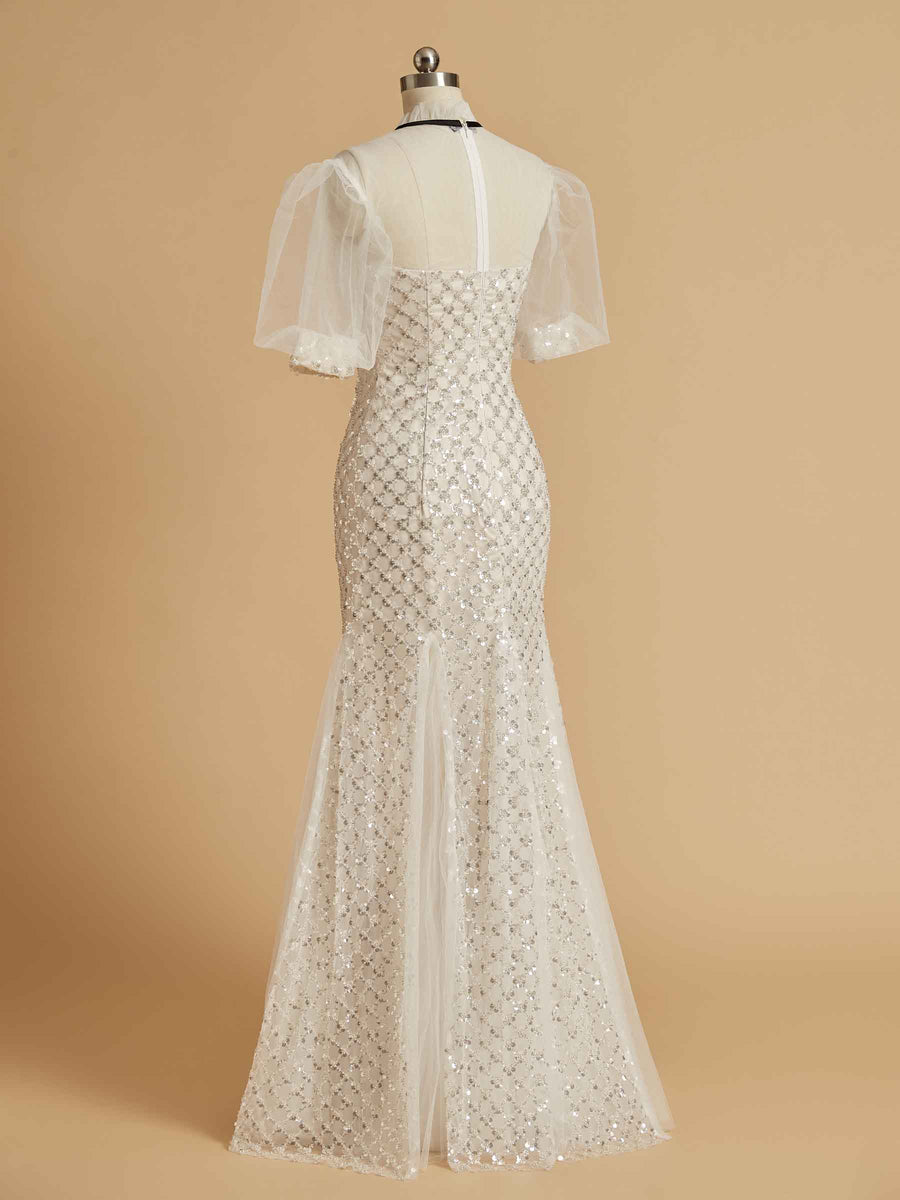 Gorgeous Sheath Short Sleeves High-neck Floor-length Long Party Prom Dresses