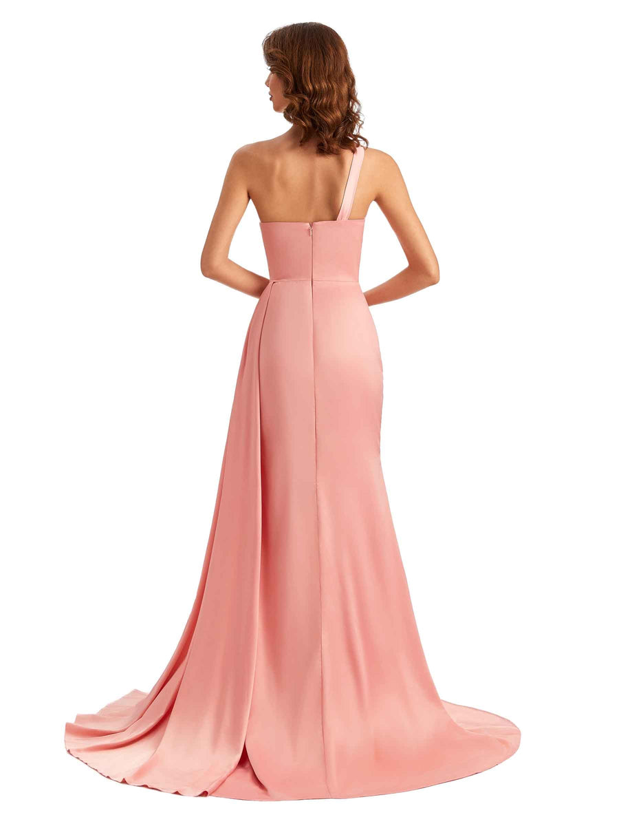 Sexy One Shoulder Soft Satin Side Slit Long Mermaid Wedding Party Dresses