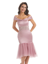Sexy Soft Satin Off The Shoulder High Low Midi Short Mermaid Bridesmaid Dresses