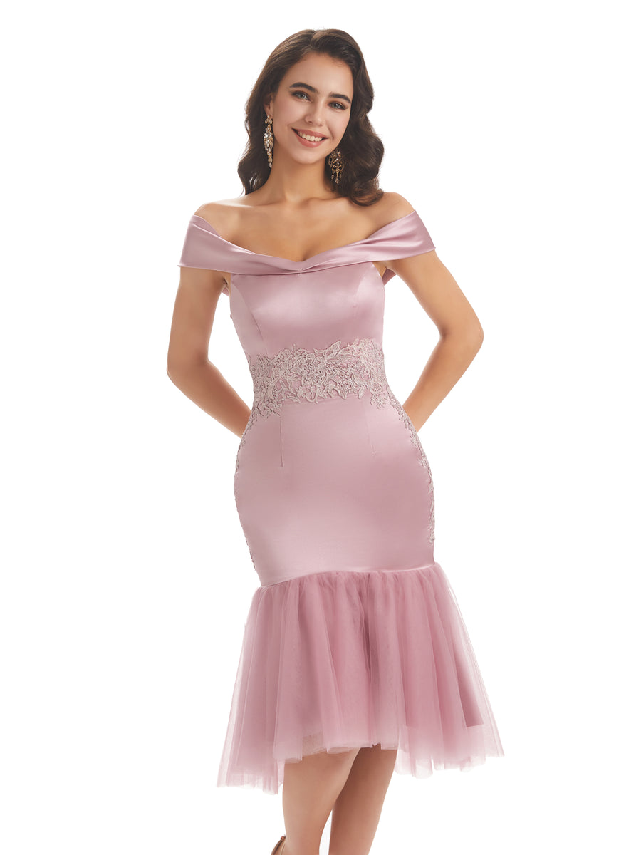 Sexy Soft Satin Off The Shoulder High Low Midi Short Mermaid Bridesmaid Dresses