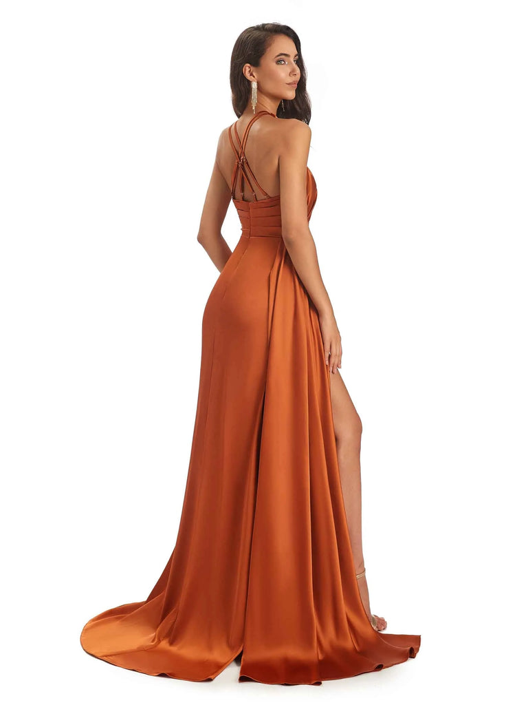 Sexy Unique Satin Halter Long Mermaid Formal Prom Dresses With Slit On Sale